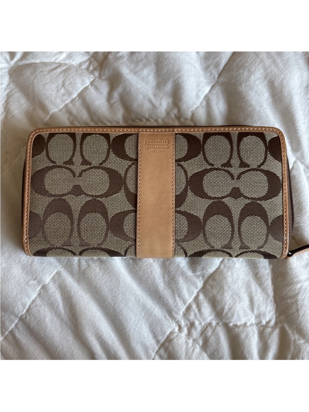 Coach Brown Signature Continental Zip Wallet with Tan Trim